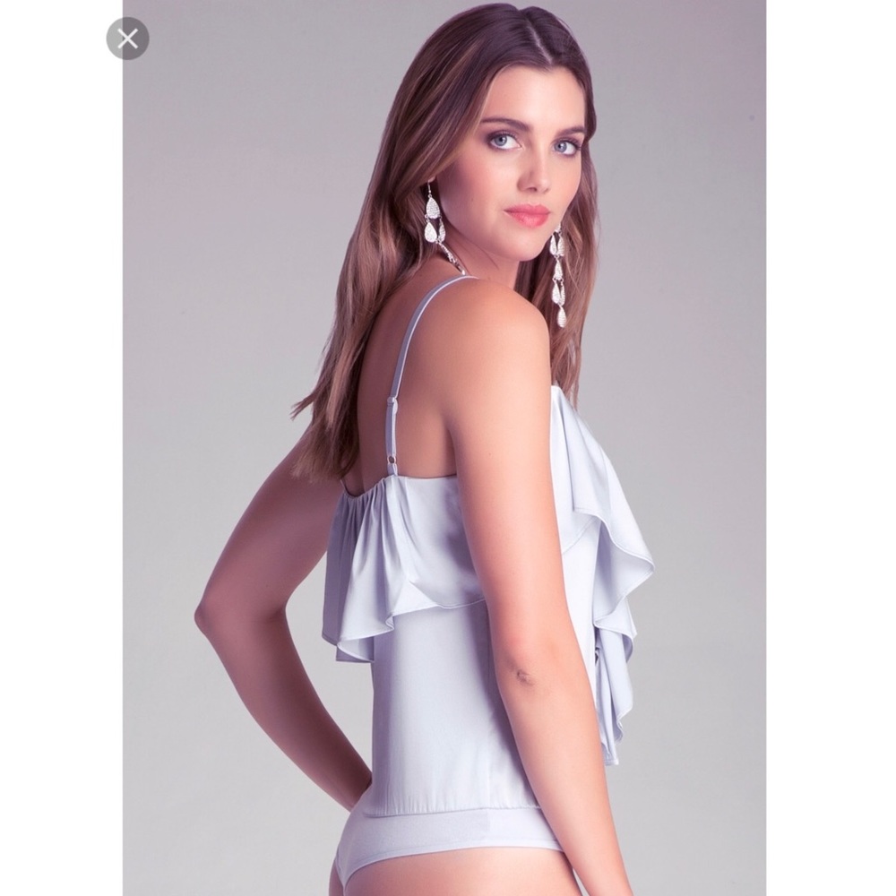 Silver Silk Ruffle Front Bodysuit-BeBe Size Small